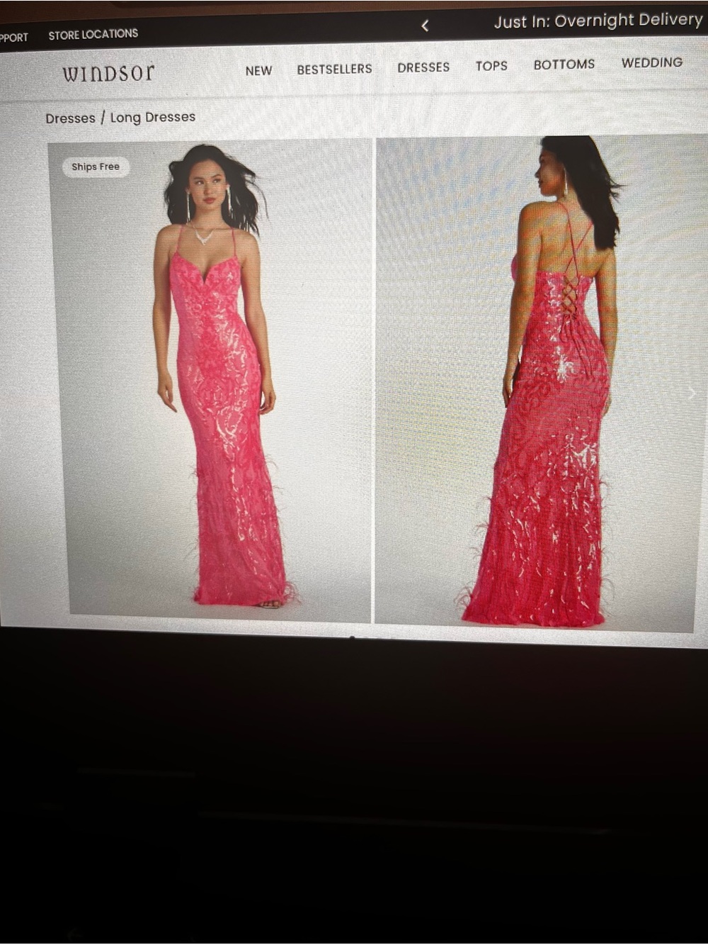 Windsor Hot Pink Sequin Lace Bustier Prom Dress - Picture 2 of 5